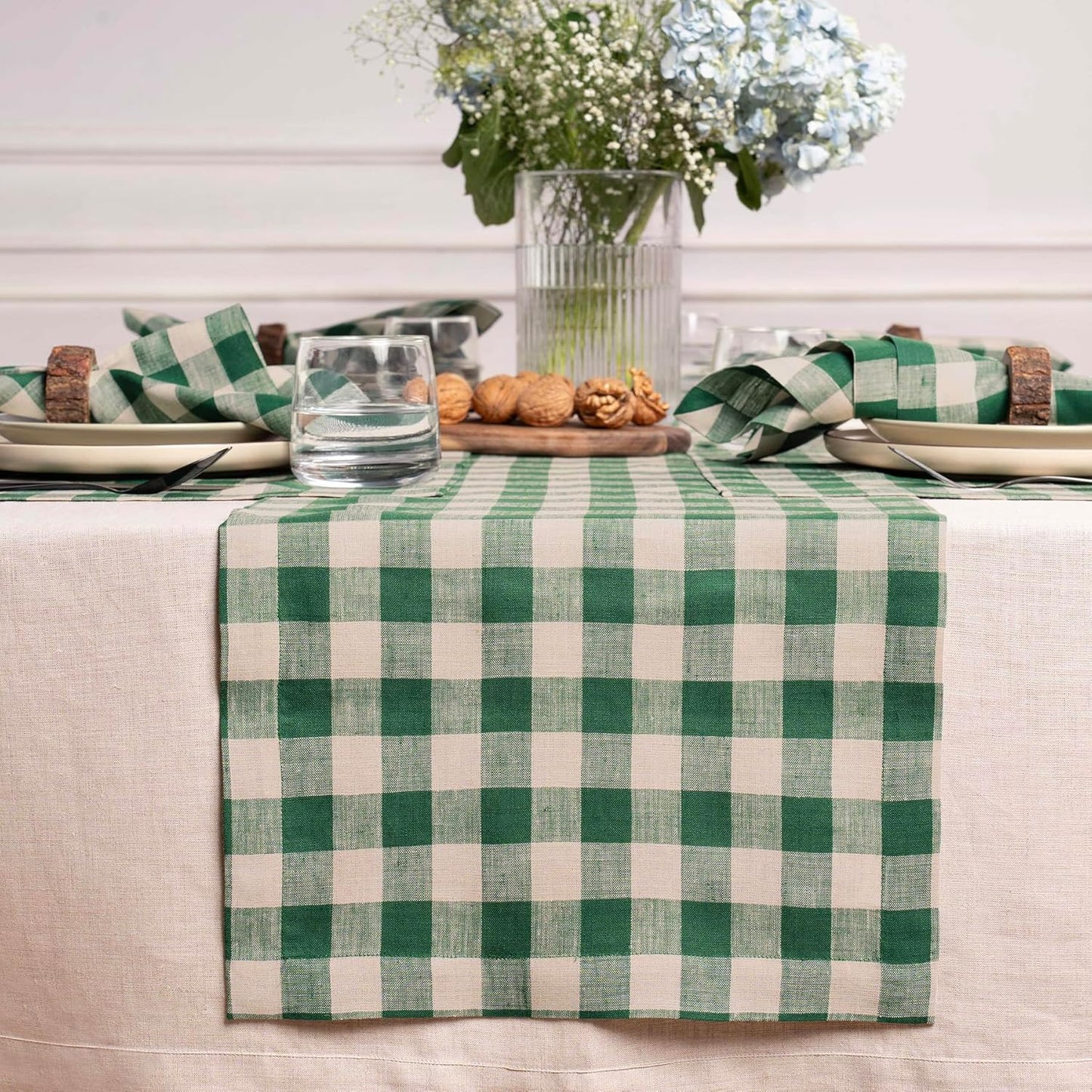 Linen Table Runner 14 x 72 Inch - Green and Natural Check
