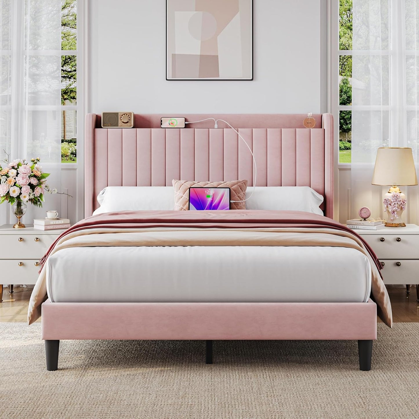 Yaheetech Queen Bed Frame with USB Charging and Storage Shelf