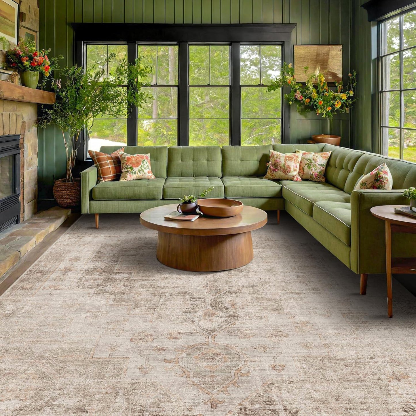 Tan Rugs for Living Room - Vintage Large Carpet for Dining Room