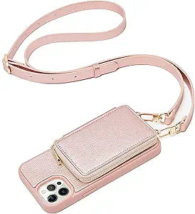 ZVE Zipper Wallet Case Crossbody for iPhone 12 Pro in Rose Gold