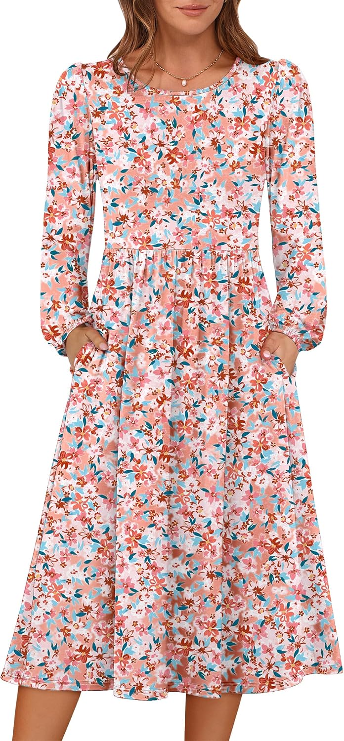 Women Long Sleeve Midi Dress Casual Flowy A-Line Outfit