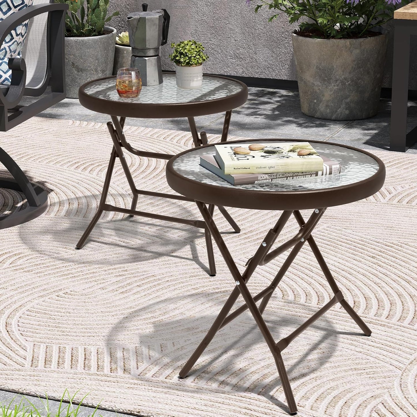 Foldable Patio Side Table Set of 2 with Tempered Glass Top