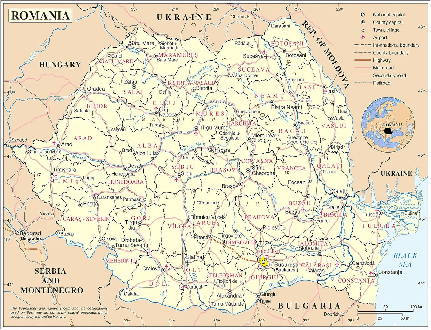 Large Detailed Map of Romania: Roads, Cities, Airports - 24x31
