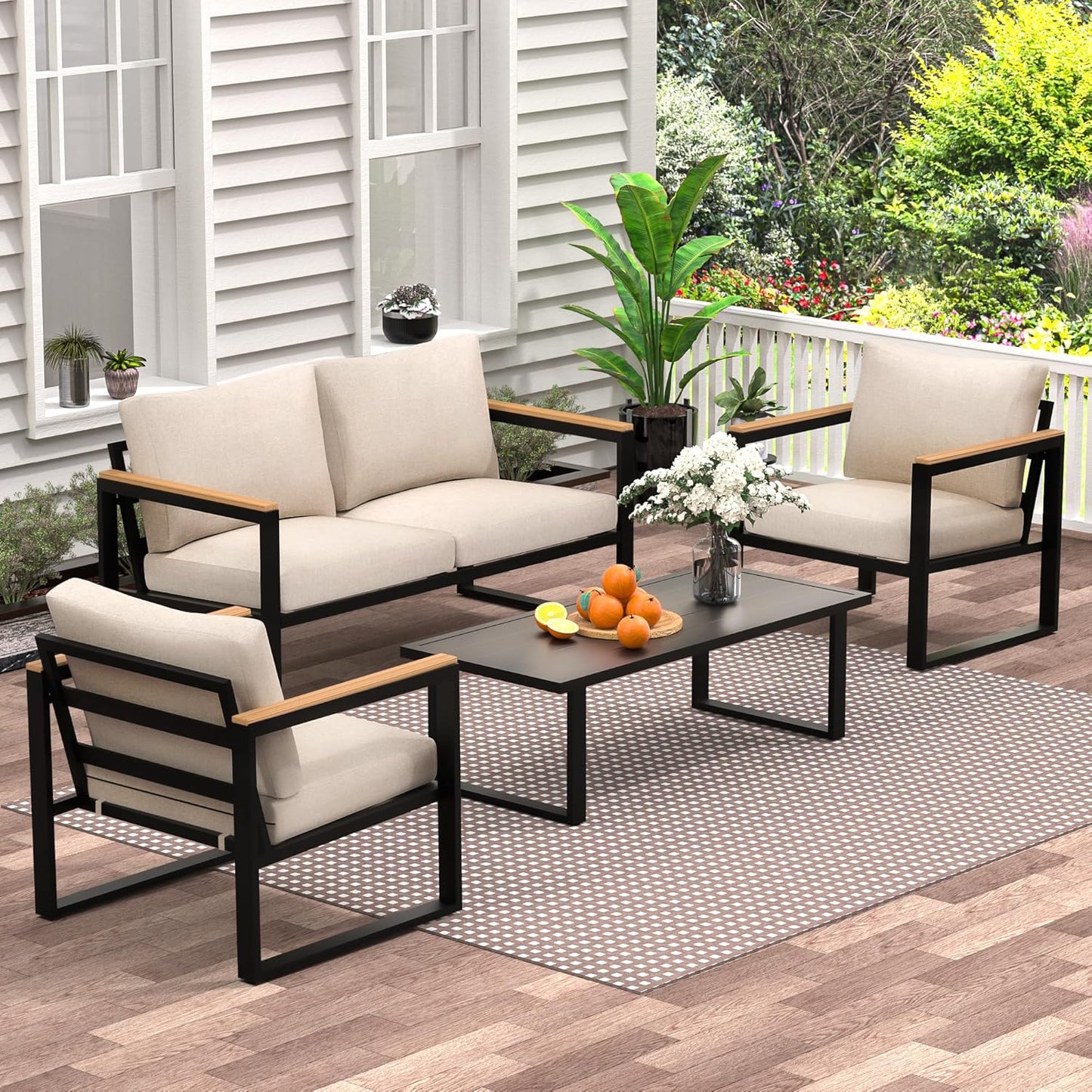 4-Piece Outdoor Patio Furniture Set with Cushions and Table