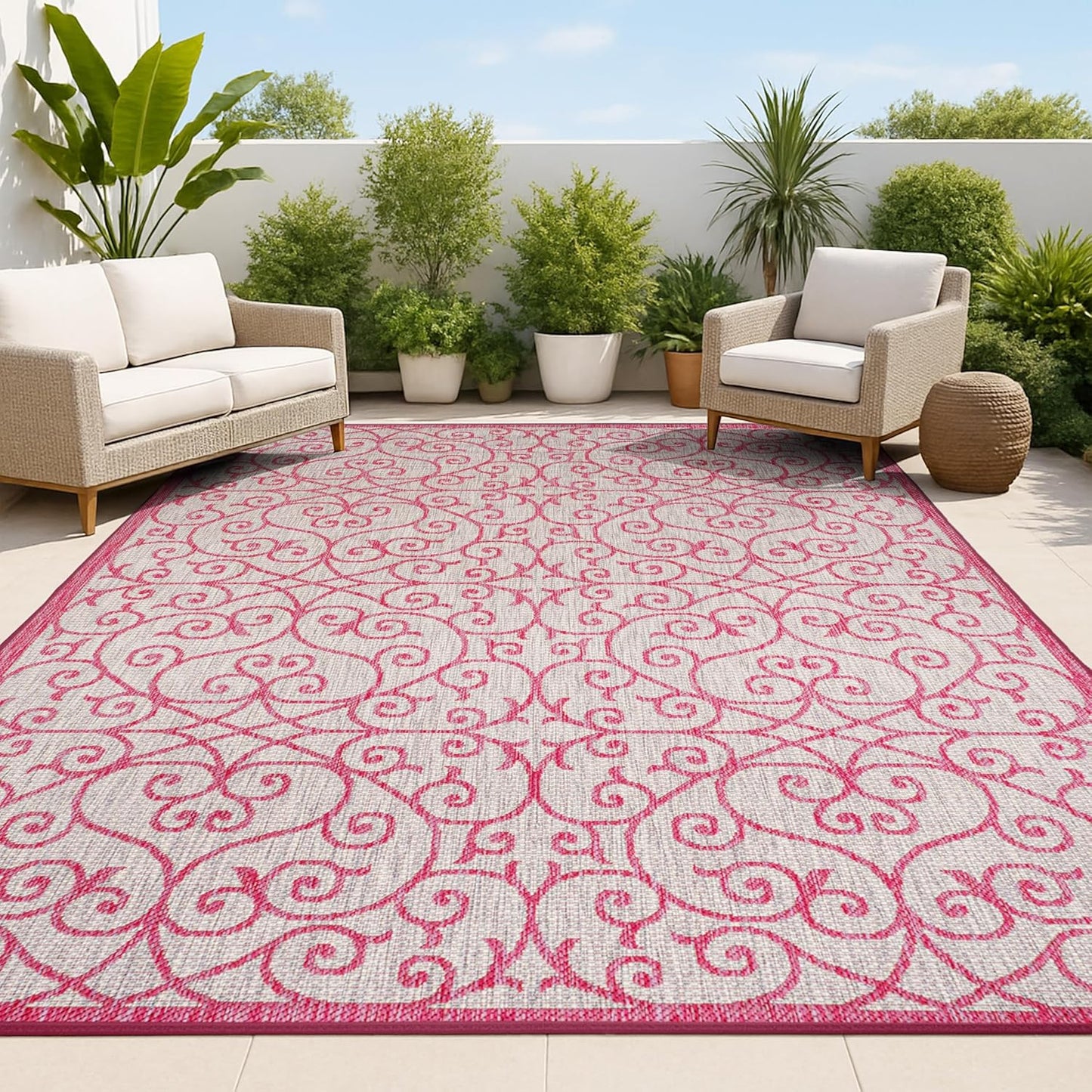 Vintage Filigree Indoor Outdoor Area Rug 3X5 Light Gray/Fuchsia