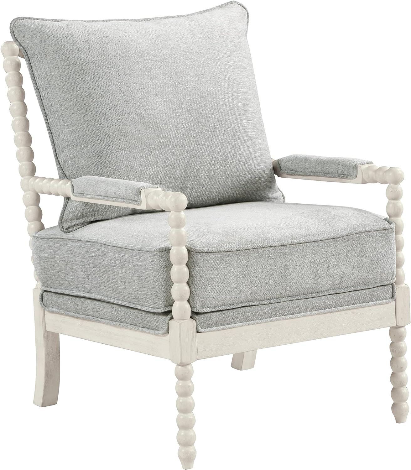 Kaylee Spindle Accent Chair: Antique White Wood, Smoke Grey Fabric
