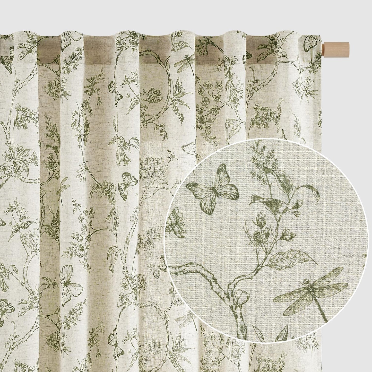 Linen Green Floral Curtains for Vintage Farmhouse Decor