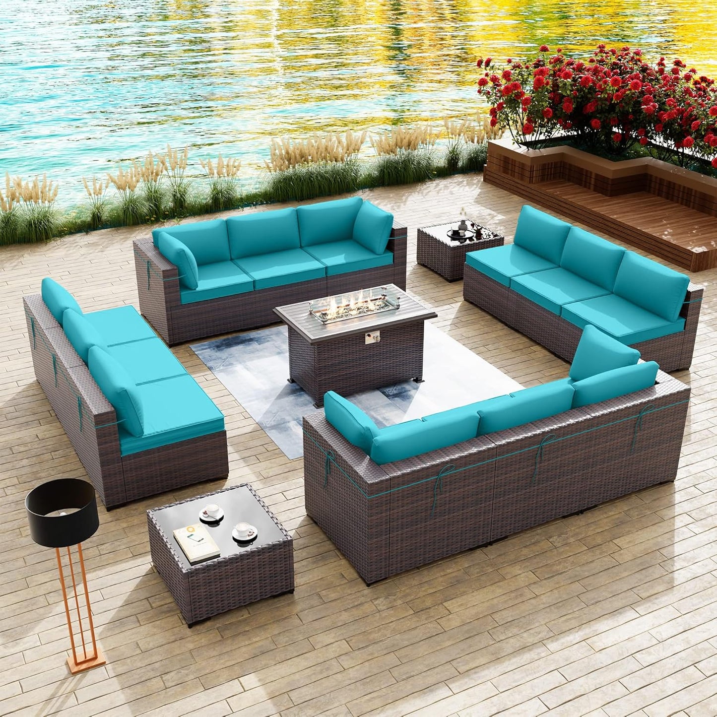 Kullavik 15 Pieces Outdoor Patio Furniture Set with Fire Pit