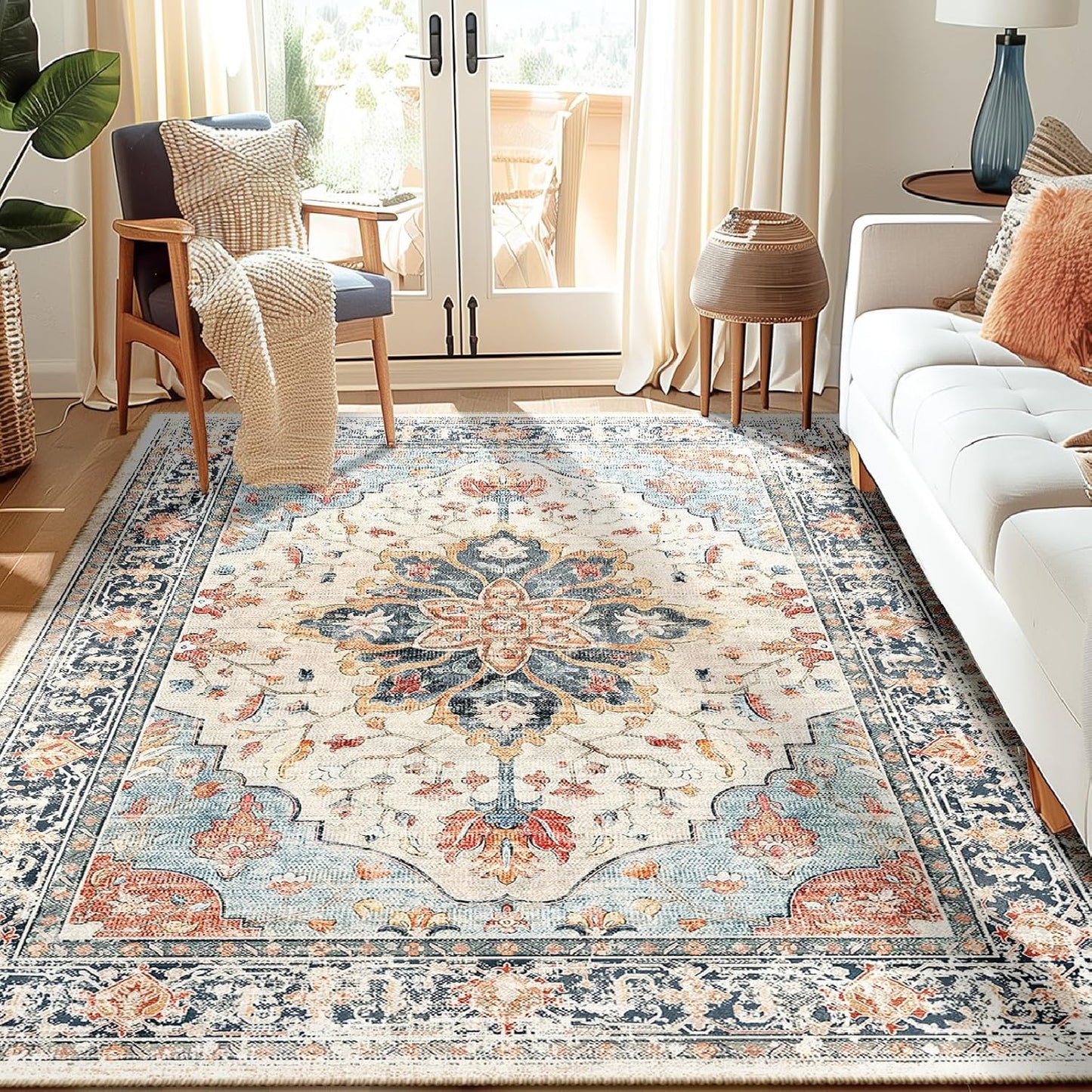 Floral Vintage Distress Print Area Rugs 5ftx8ft Washable Non-Slip