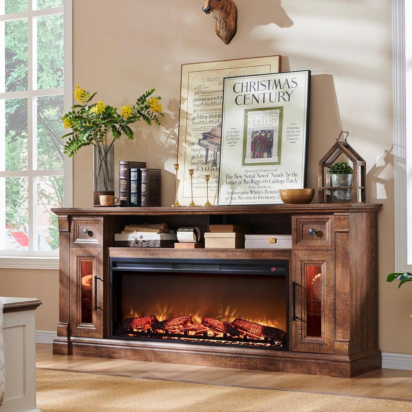 Cozy Living Room Ambiance: Farmhouse Fireplace TV Stand