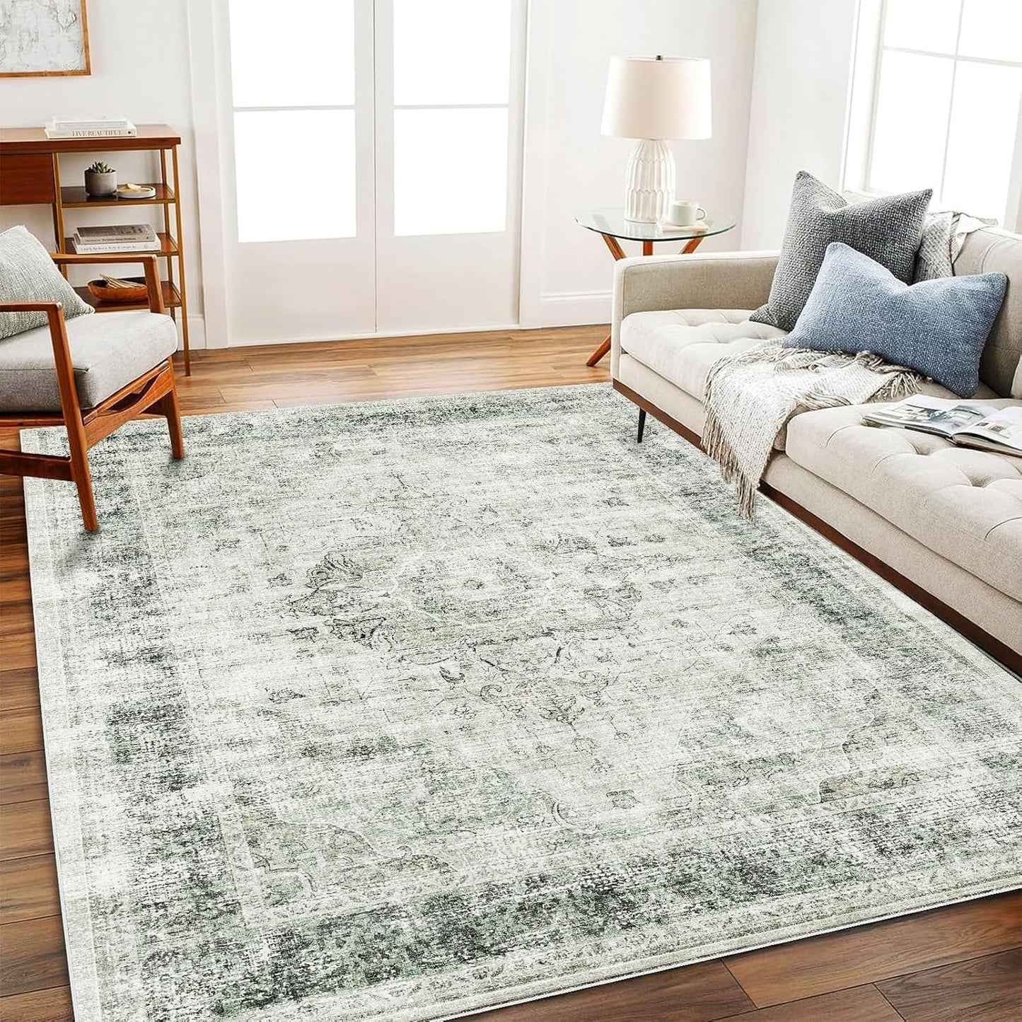 Vintage Floral Area Rug 5ftx7ft Washable Non-Slip Carpet