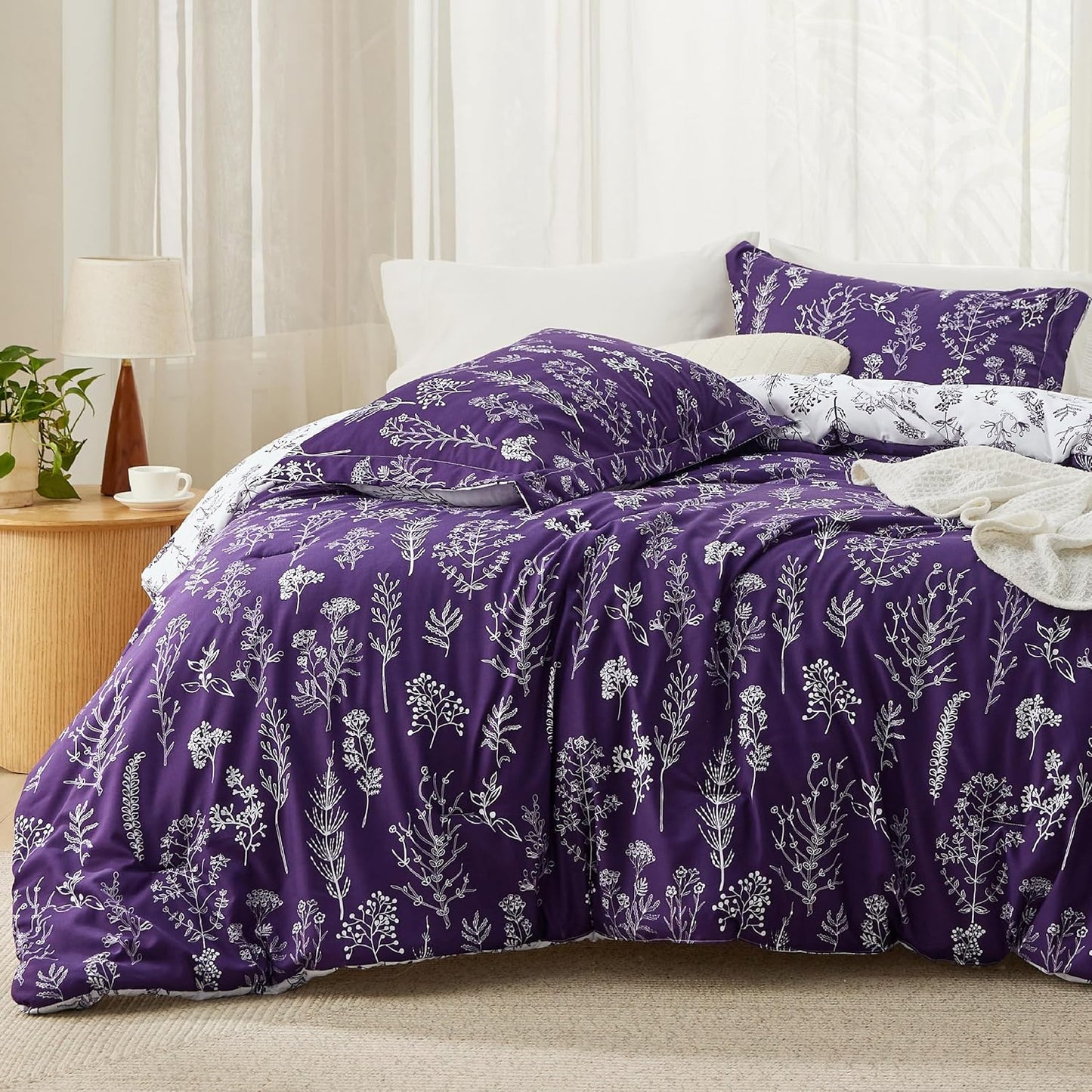 Bedsure Full Comforter Set - Dark Purple Floral Bedding Set