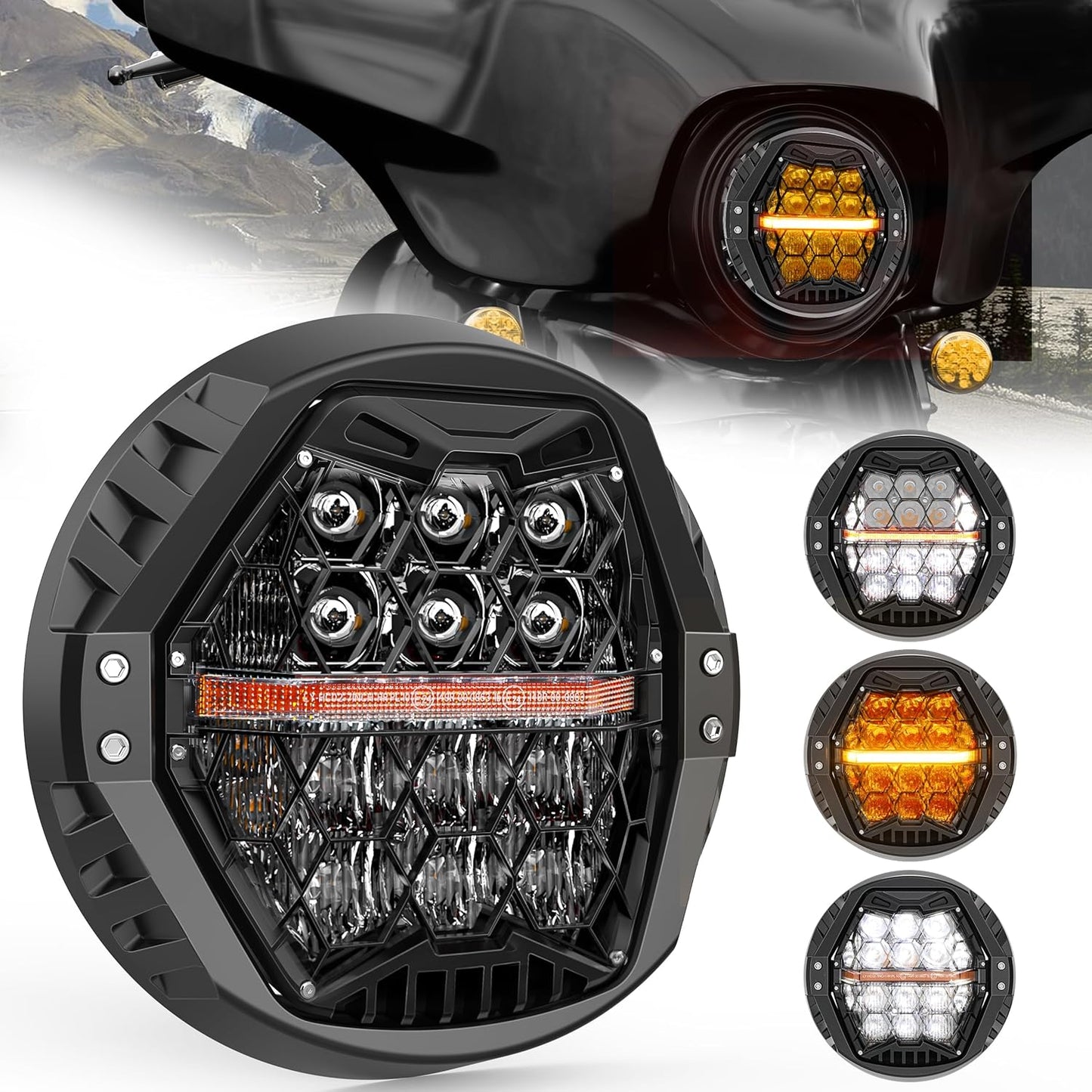 DOT Approved 120W 7ft' Motorcycle LED Headlight with Amber Signal