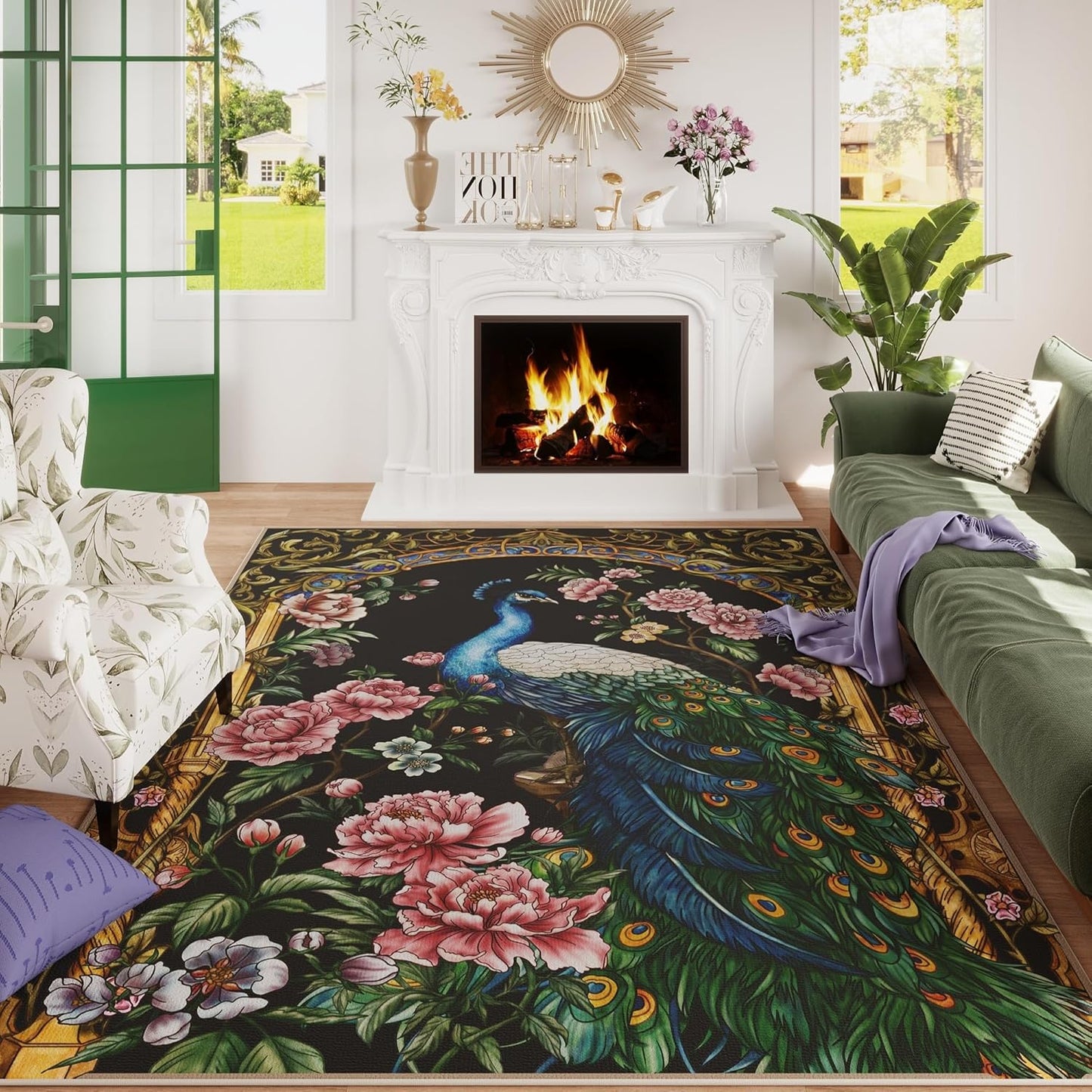 Area Rugs 8x10 for Living Room Clearance - Vintage Peacock Design
