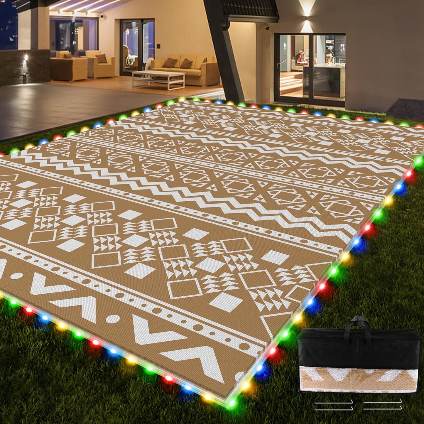 RV Outdoor Rug with Lights 9x12ft for Camping and Patio Use