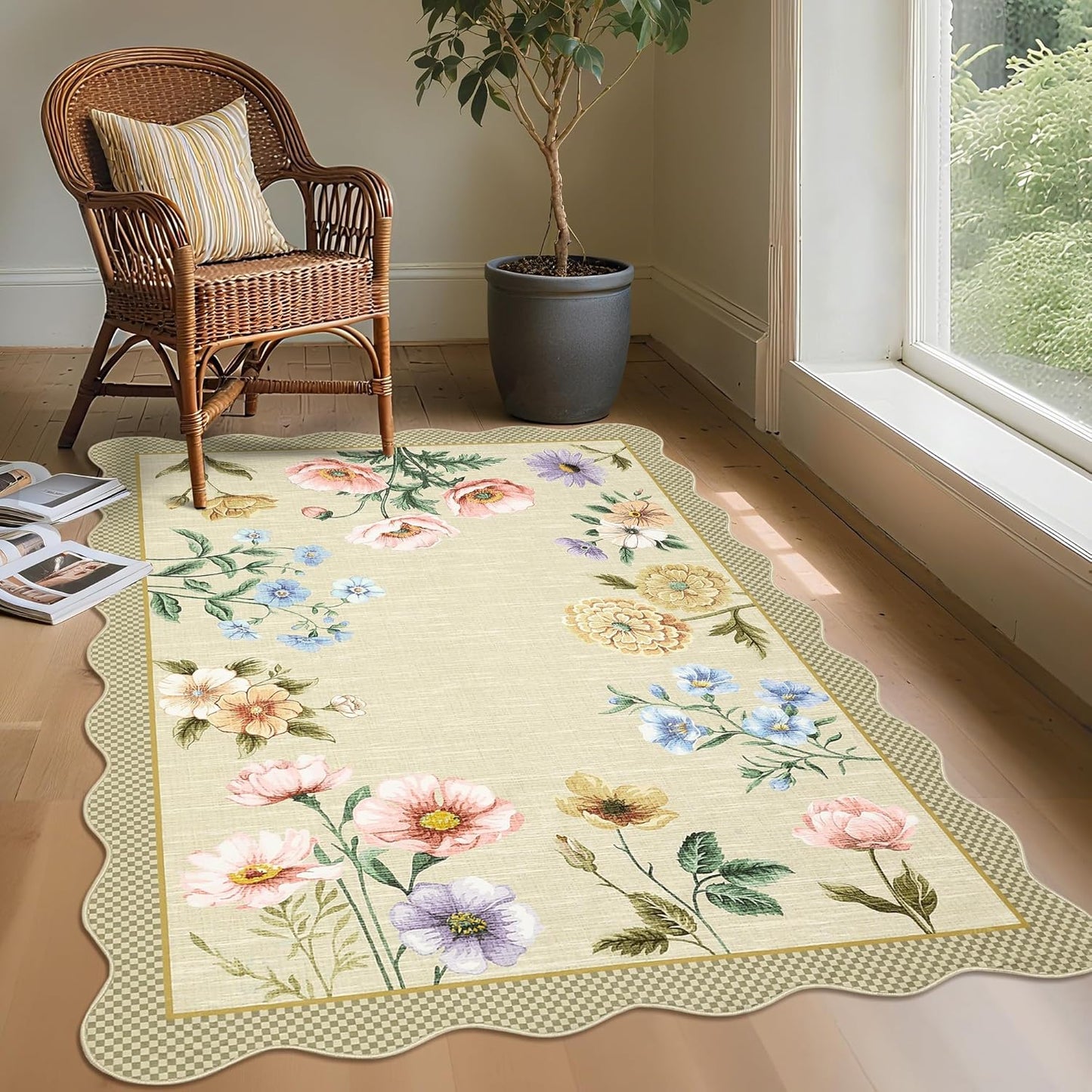 Floral 4x6 Rug by GarveeHome - Soft Scalloped Area Rug