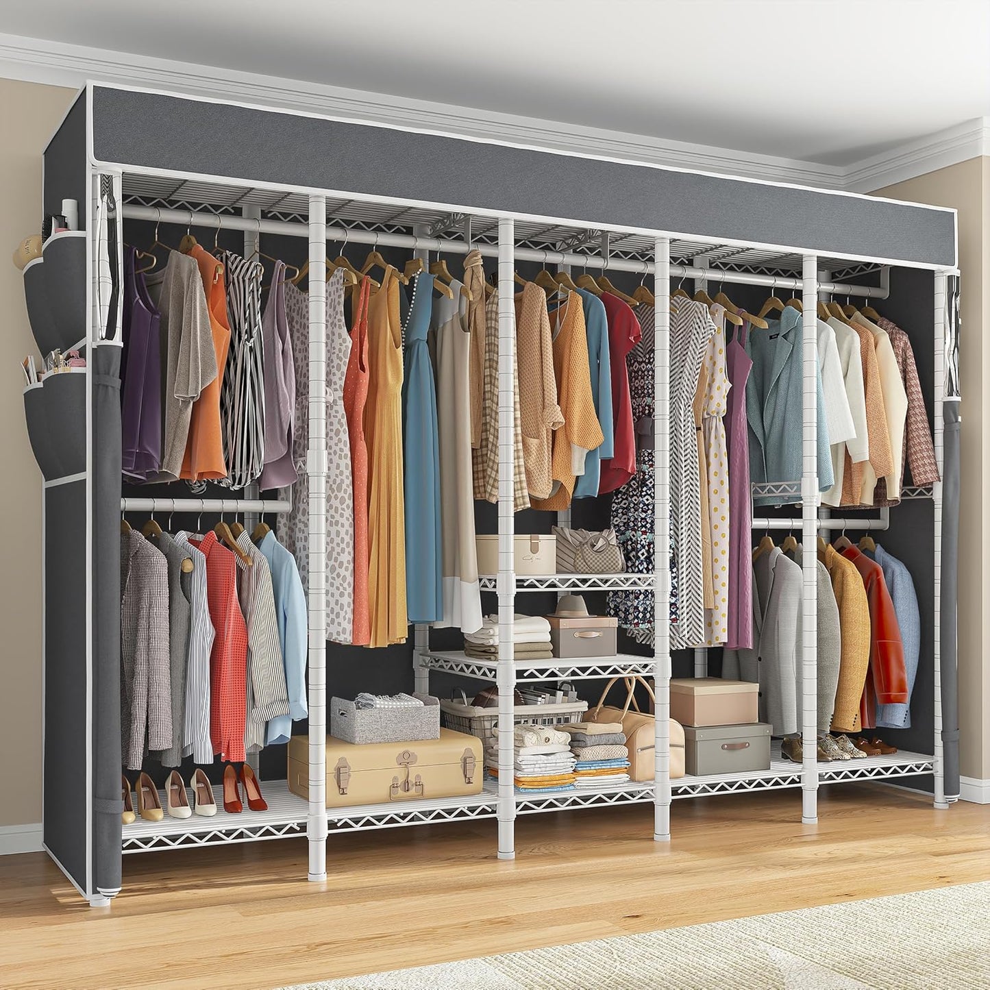 Spacious 90.6in W Clothes Rack with Cover for Heavy Duty Use