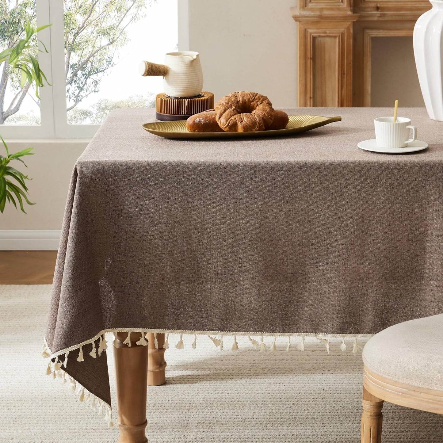 Linen Tablecloth with Tassels for Farmhouse Style Decor