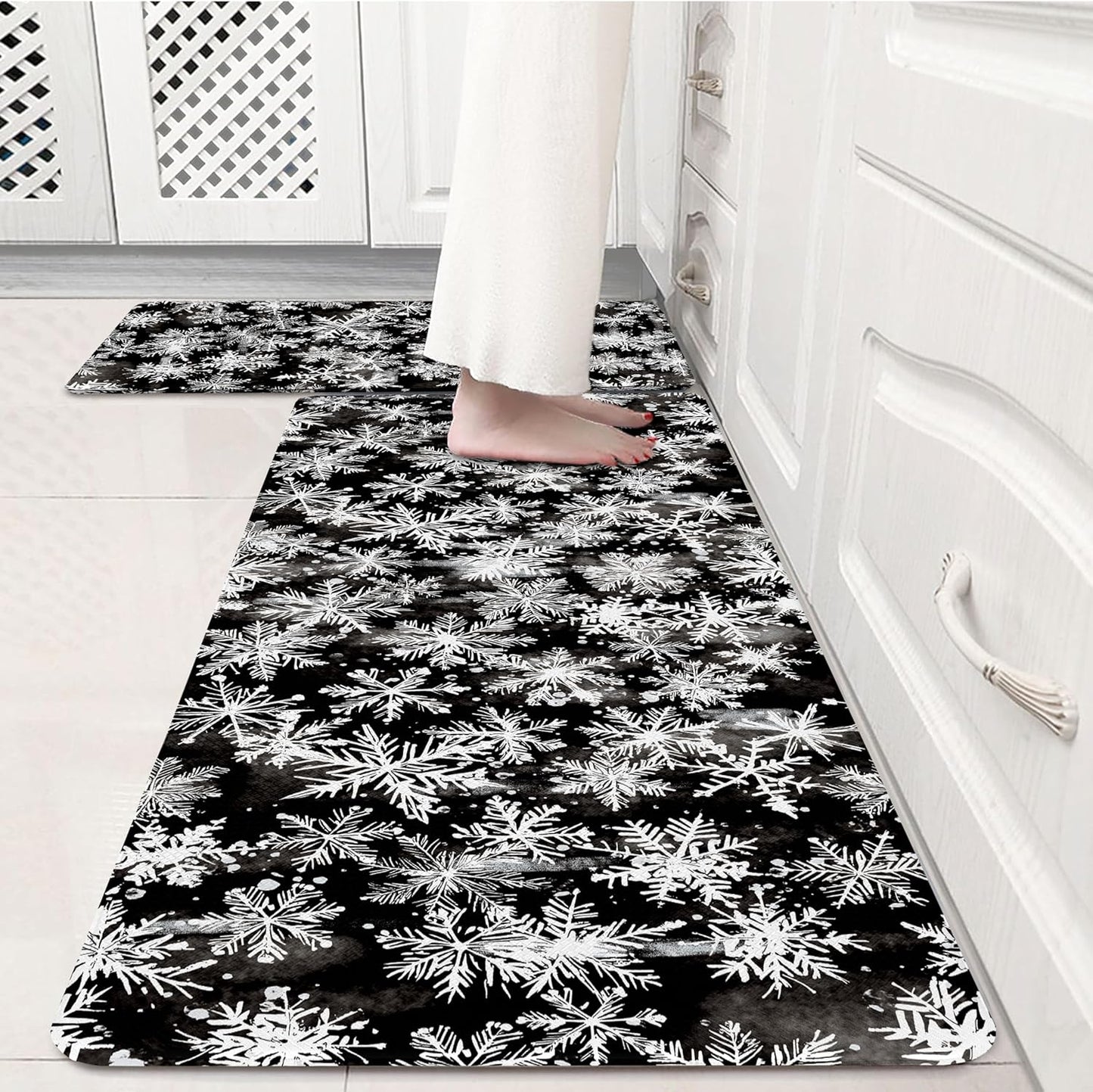 Black Snowflake Winter Kitchen Rug Sets for Comfort and Style