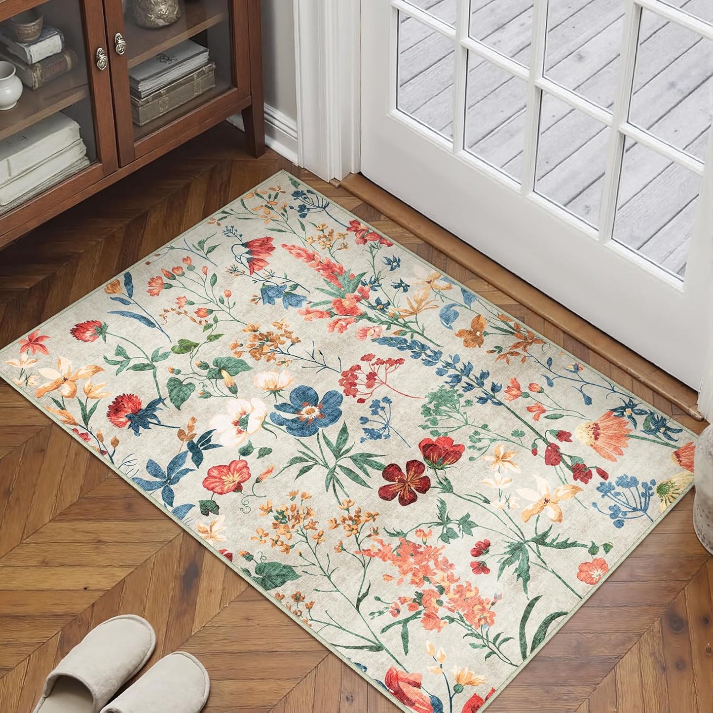 PureCozy Beige Floral Entry Rug - Non-Slip & Washable 2x3