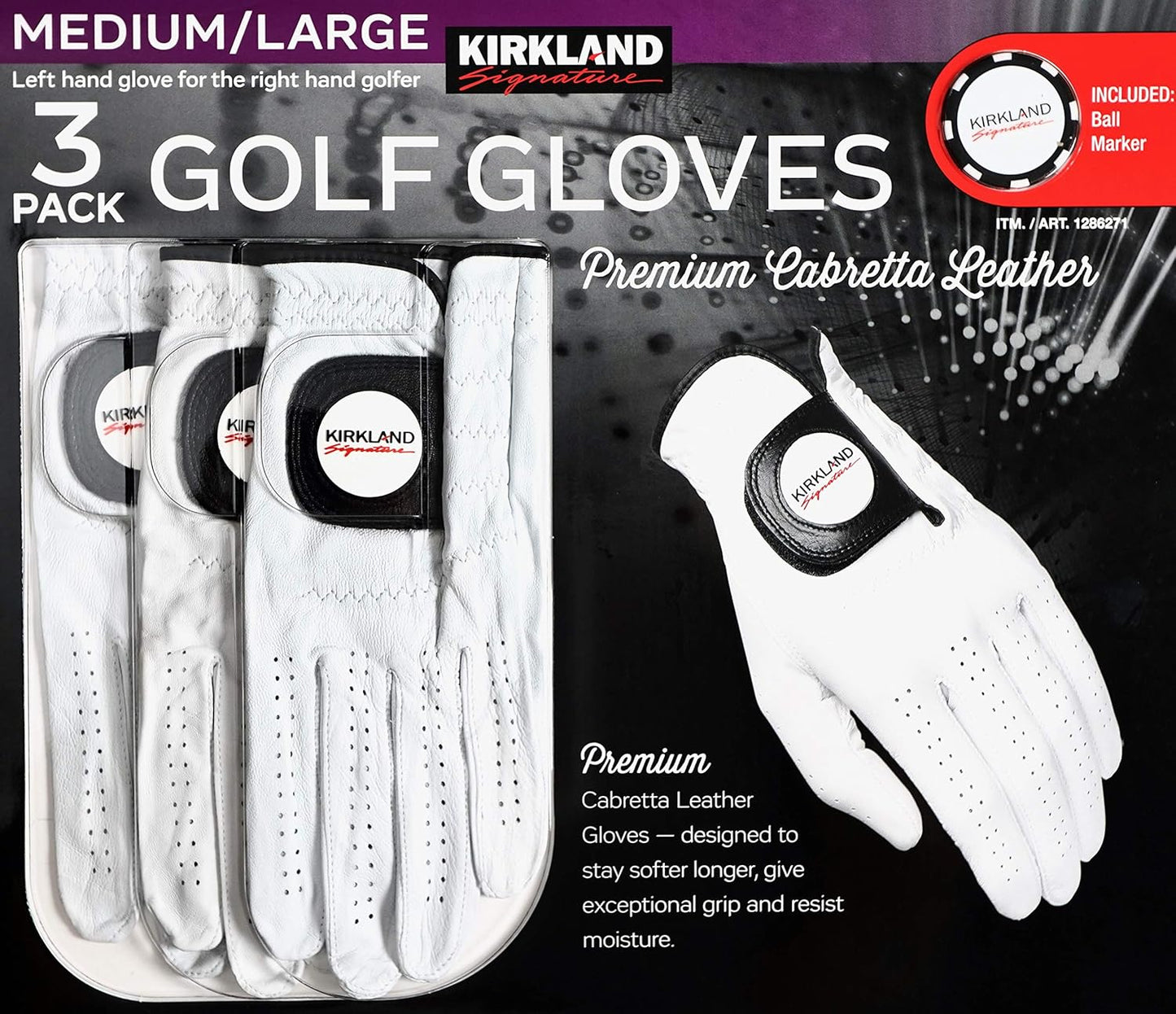 Kirkland Signature Men's Golf Gloves Premium Cabretta Leather 3 Pack