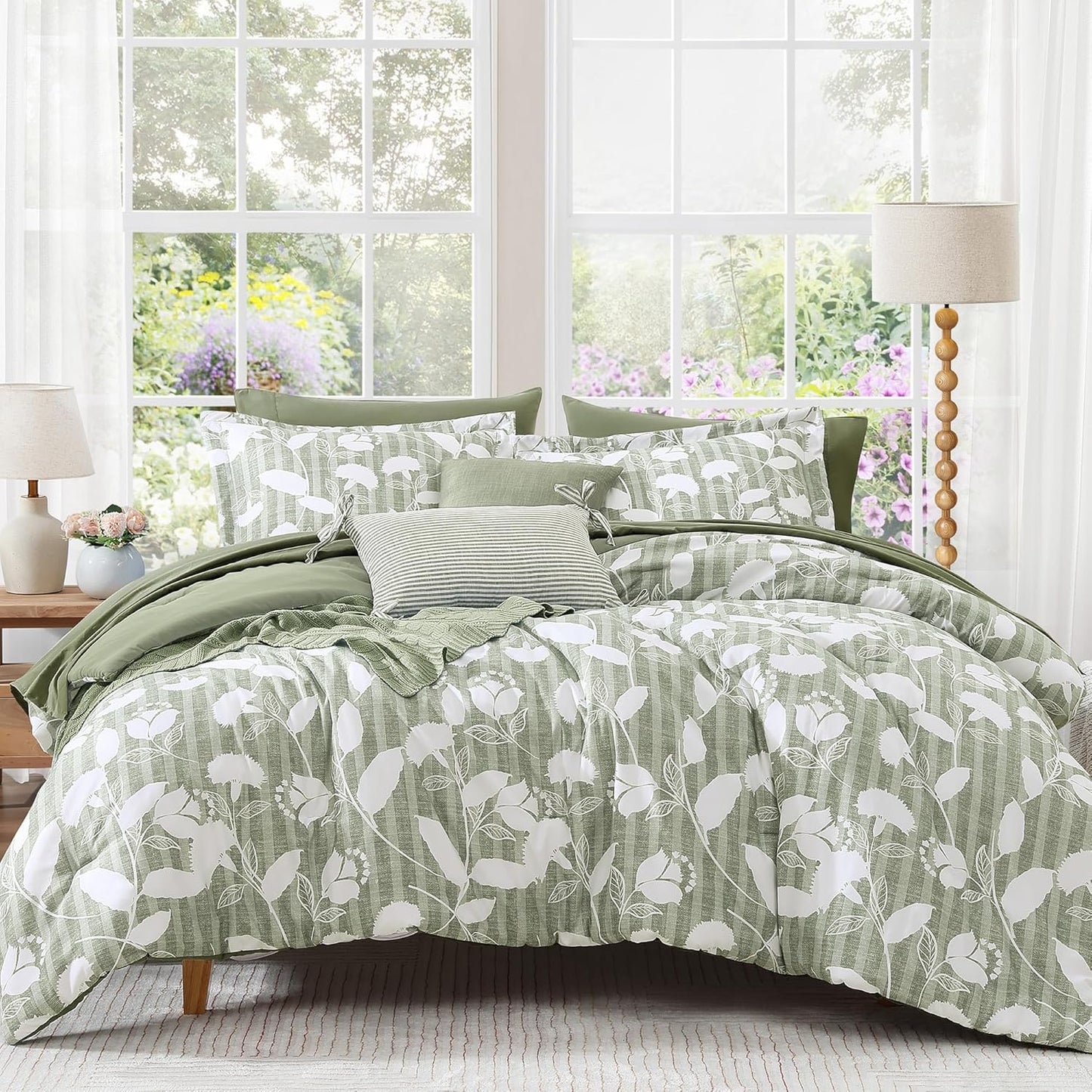 King Comforter Set - 7 Pieces Sage Green Floral Design for All Seasons