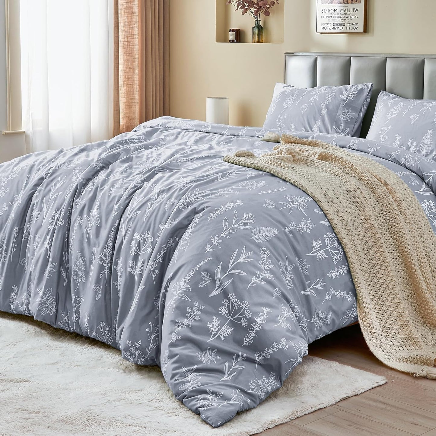 MUXHOMO Reversible Floral Grey Duvet Cover Set for Queen Size
