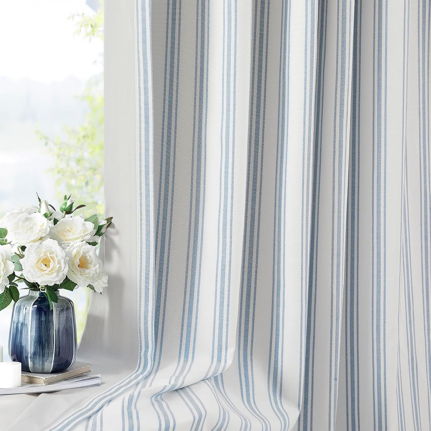 ZJDECOR 63 Inch Blue Striped Full Blackout Window Curtains