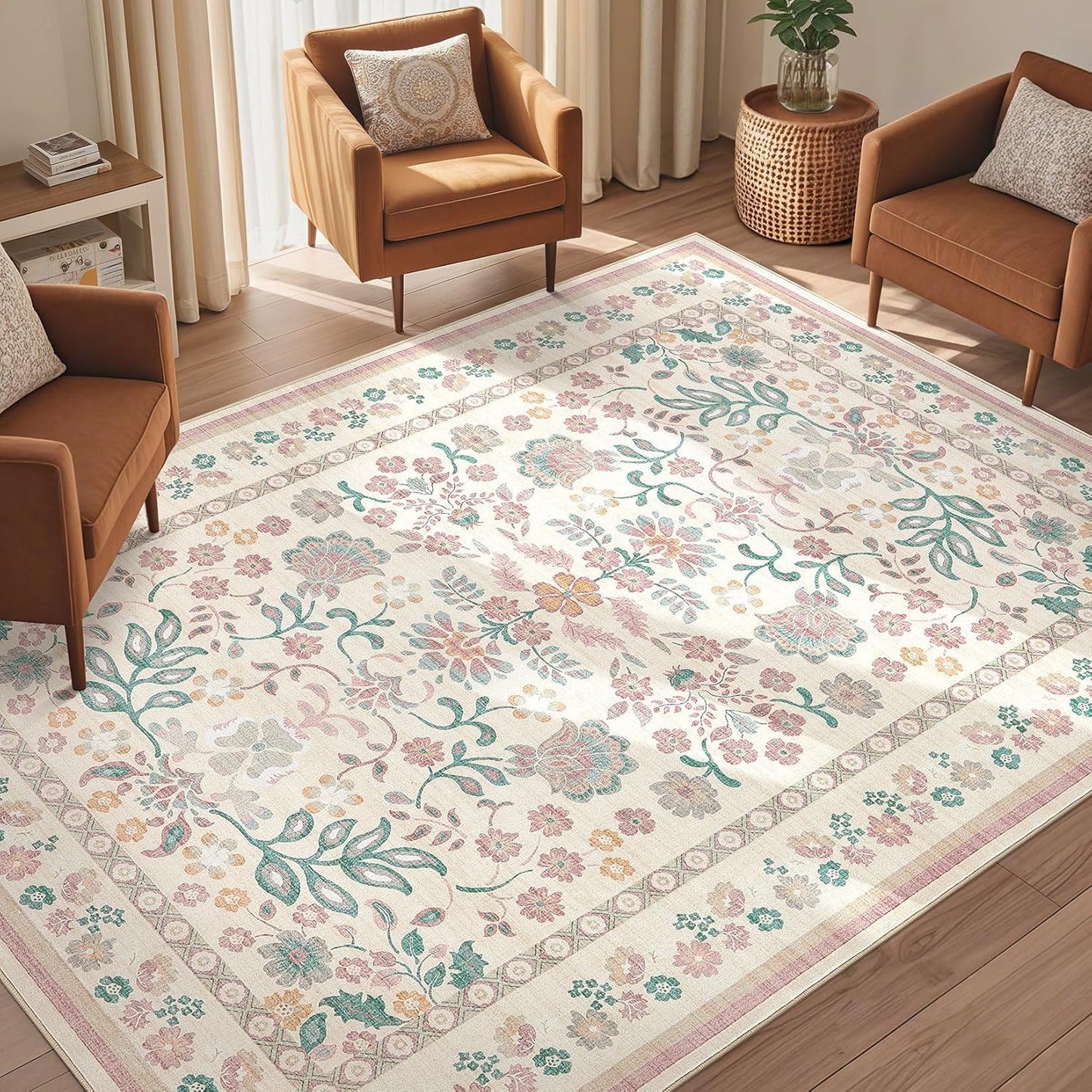 5x7 Area Rug - Washable Boho Vintage Floral Soft Non Slip Carpet