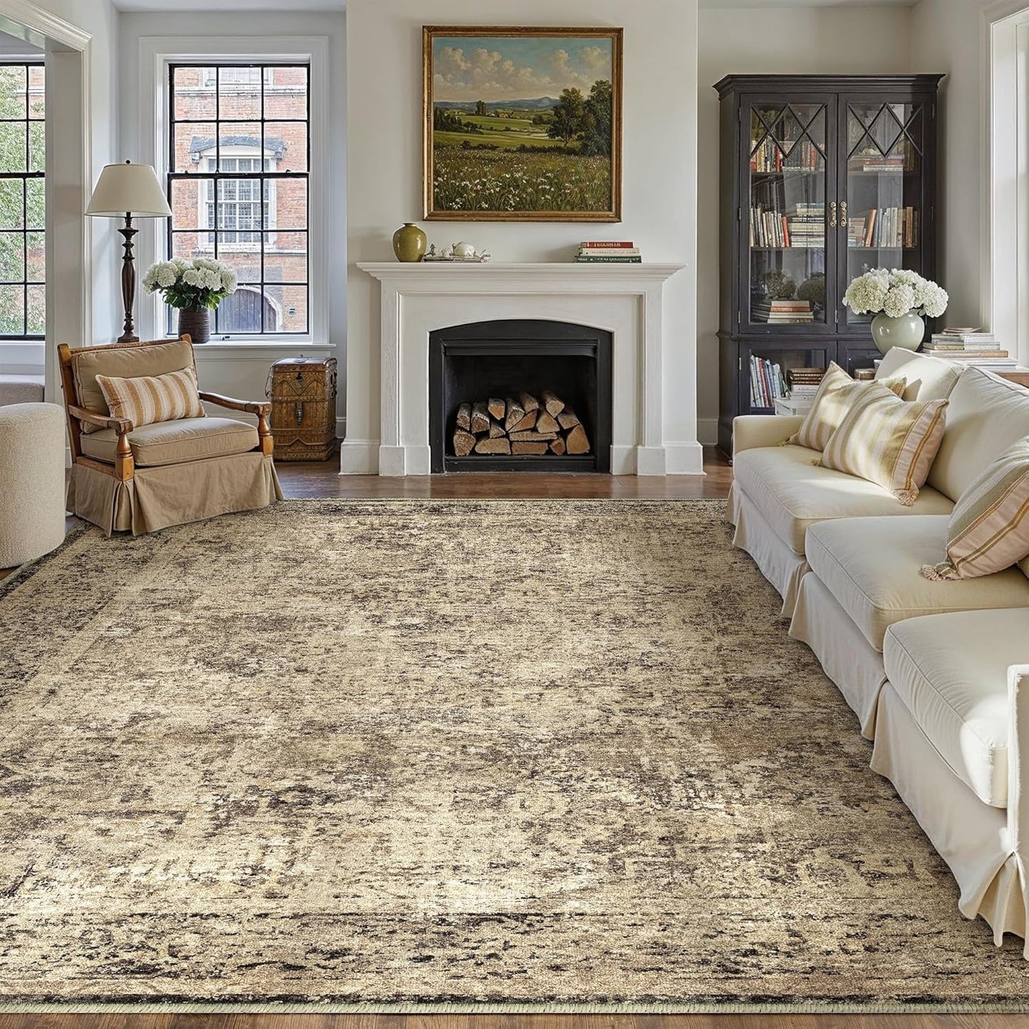 8x10 Area Rug Washable Vintage Neutral Living Room Carpet