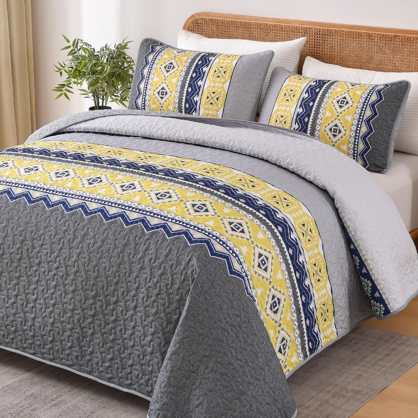 Grey Yellow Quilt Set Queen Size by WONGS BEDDING for All Seasons