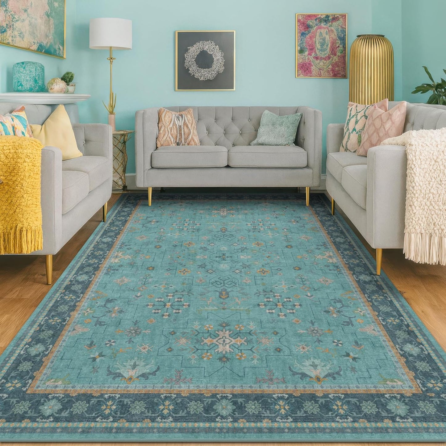 5x7 Teal Rug for Living Room, Stylish Boho Design for Home