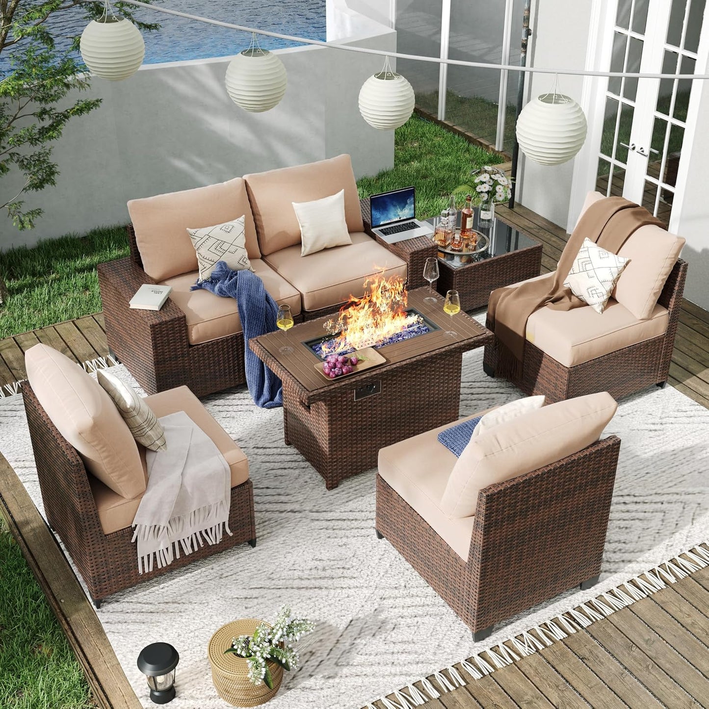 Aoxun 7 Pieces Patio Furniture Set with Fire Pit Table and Cushions