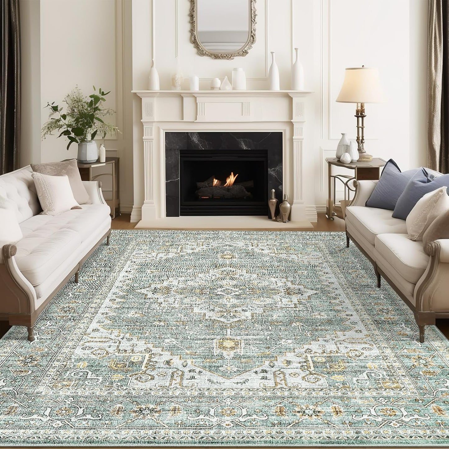 Boho Non-Slip Area Rugs for Living Room - 6x9 Green Carpet
