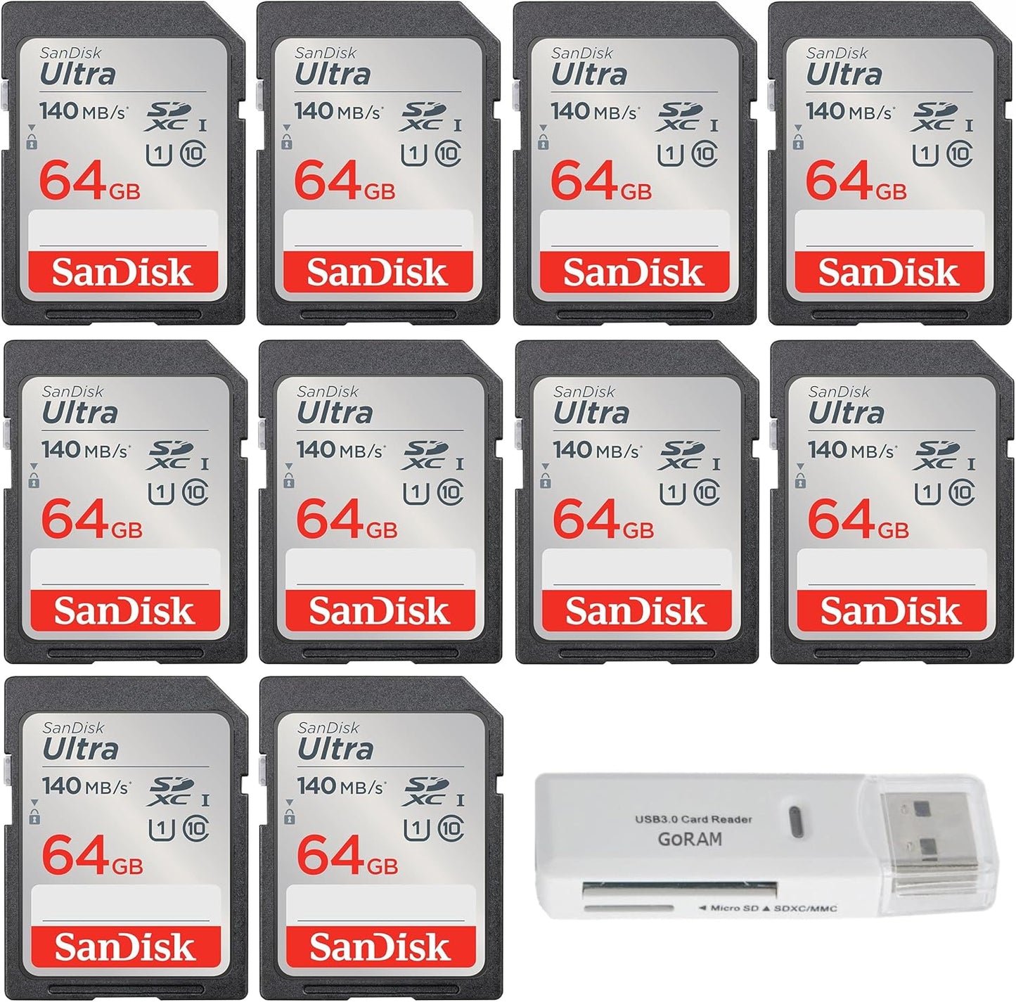 10 Pack SanDisk 64GB Memory Cards Bundle with USB 3.0 Reader