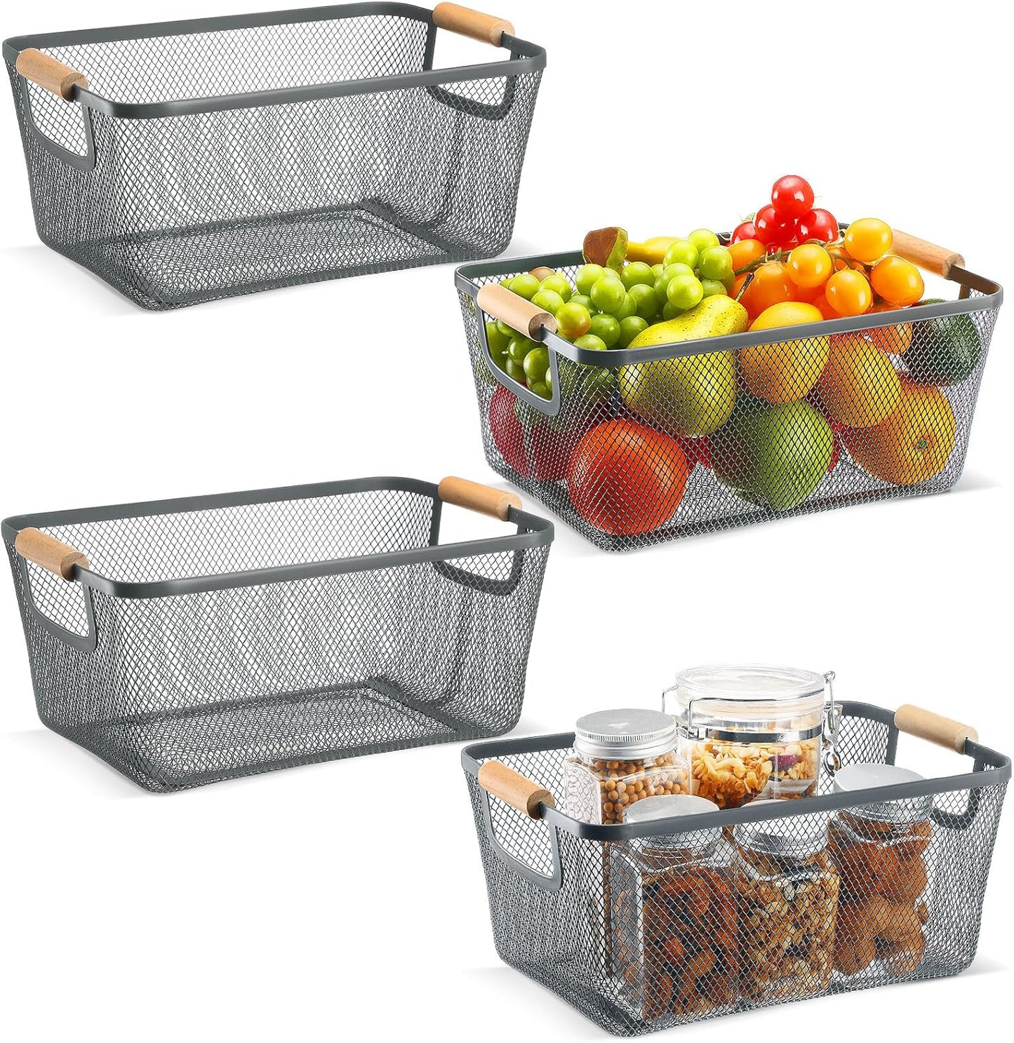 4 Pcs Metal Wire Basket with Wooden Handles for Home Organizing