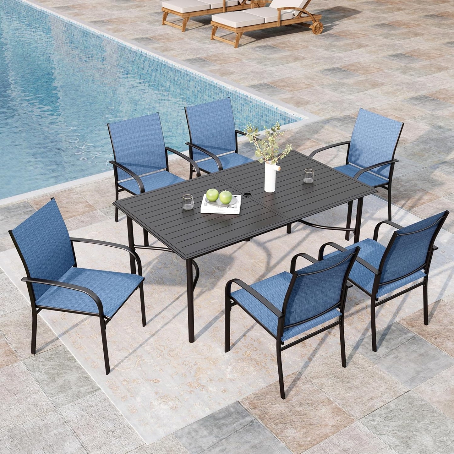 7-Piece Outdoor Dining Set with Blue Textilene Chairs for Comfort