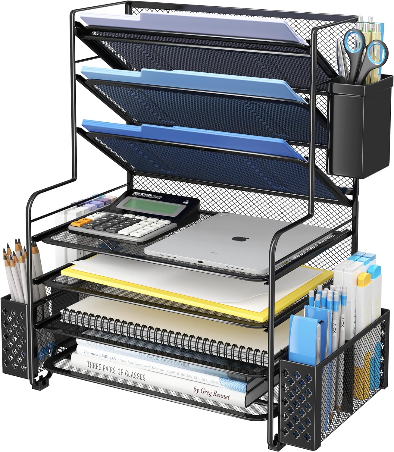 7 Tier Desk File Organizer with Pen Holder, Black