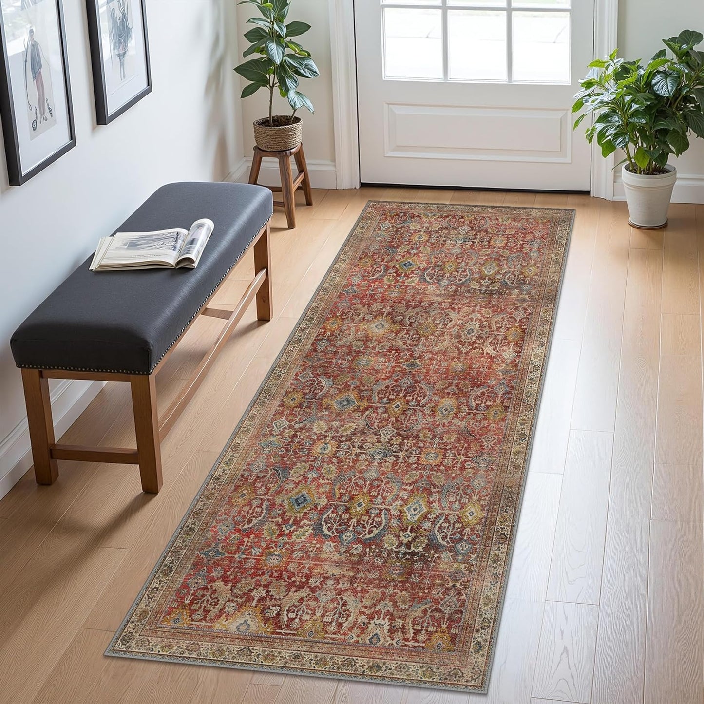 2x10 Runner Rug Machine Washable Boho Design for Hallway