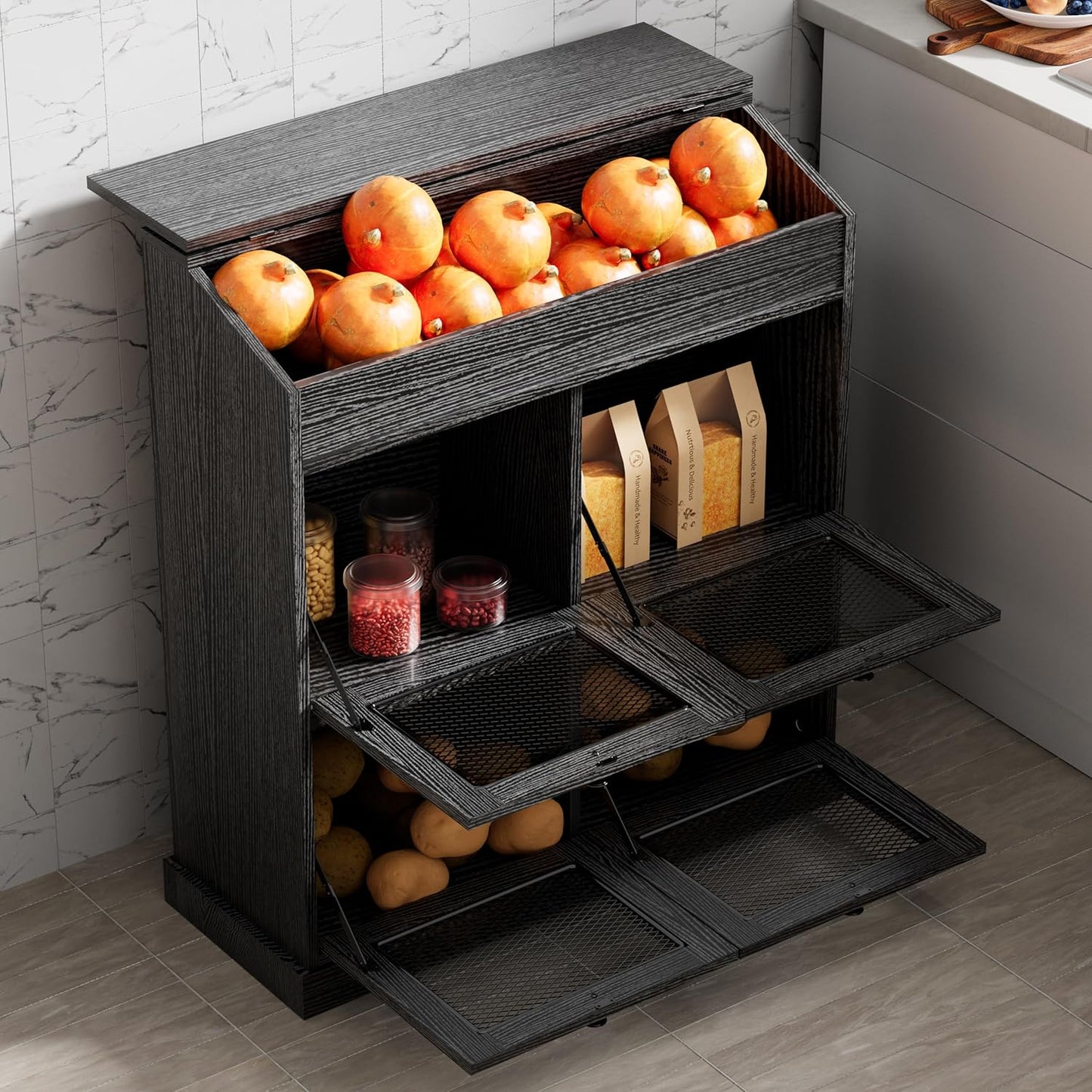 ONG Large Potato Storage Wood Bin for Kitchen Organization