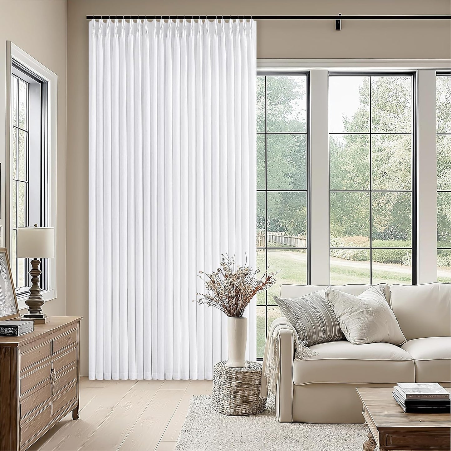 Extra Wide Pinch Pleat White Linen Curtains for Large Windows