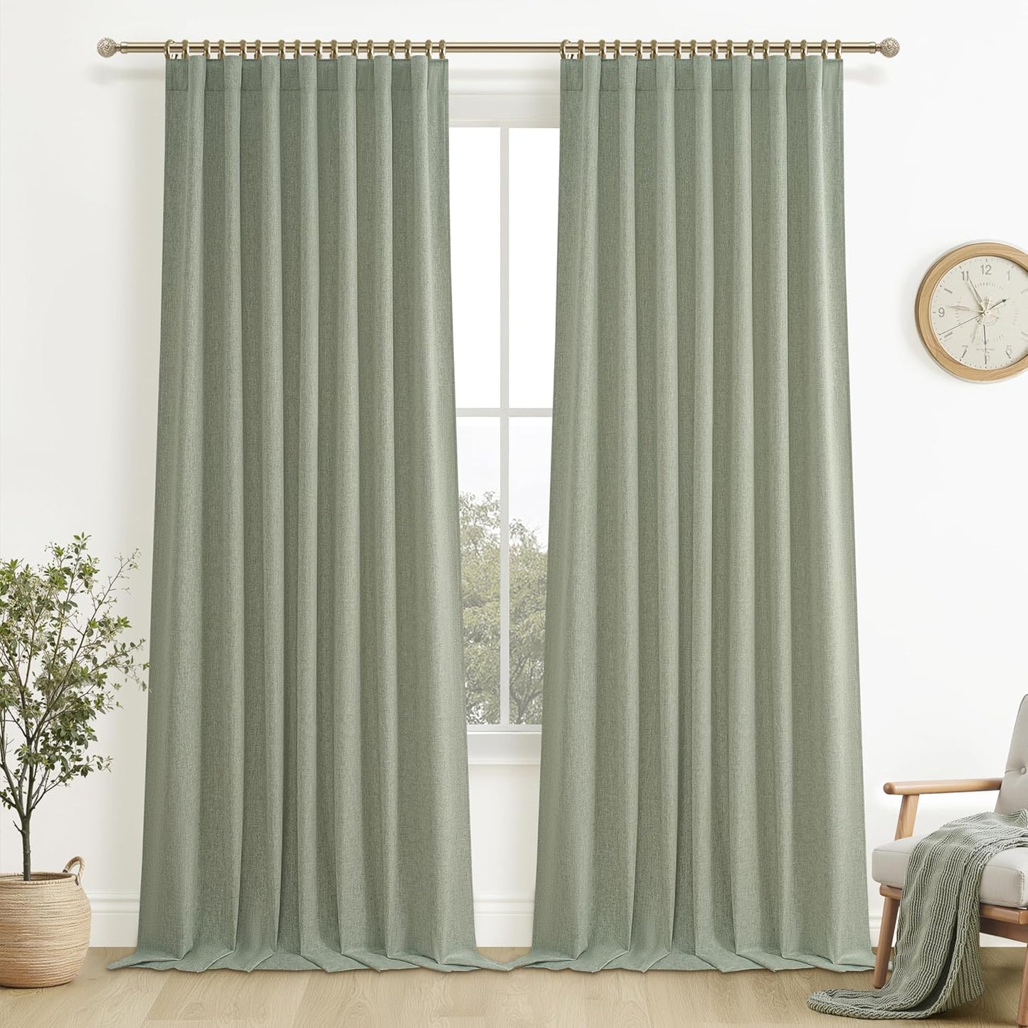 Sage Green Blackout Linen Curtains for Living Room and Bedroom