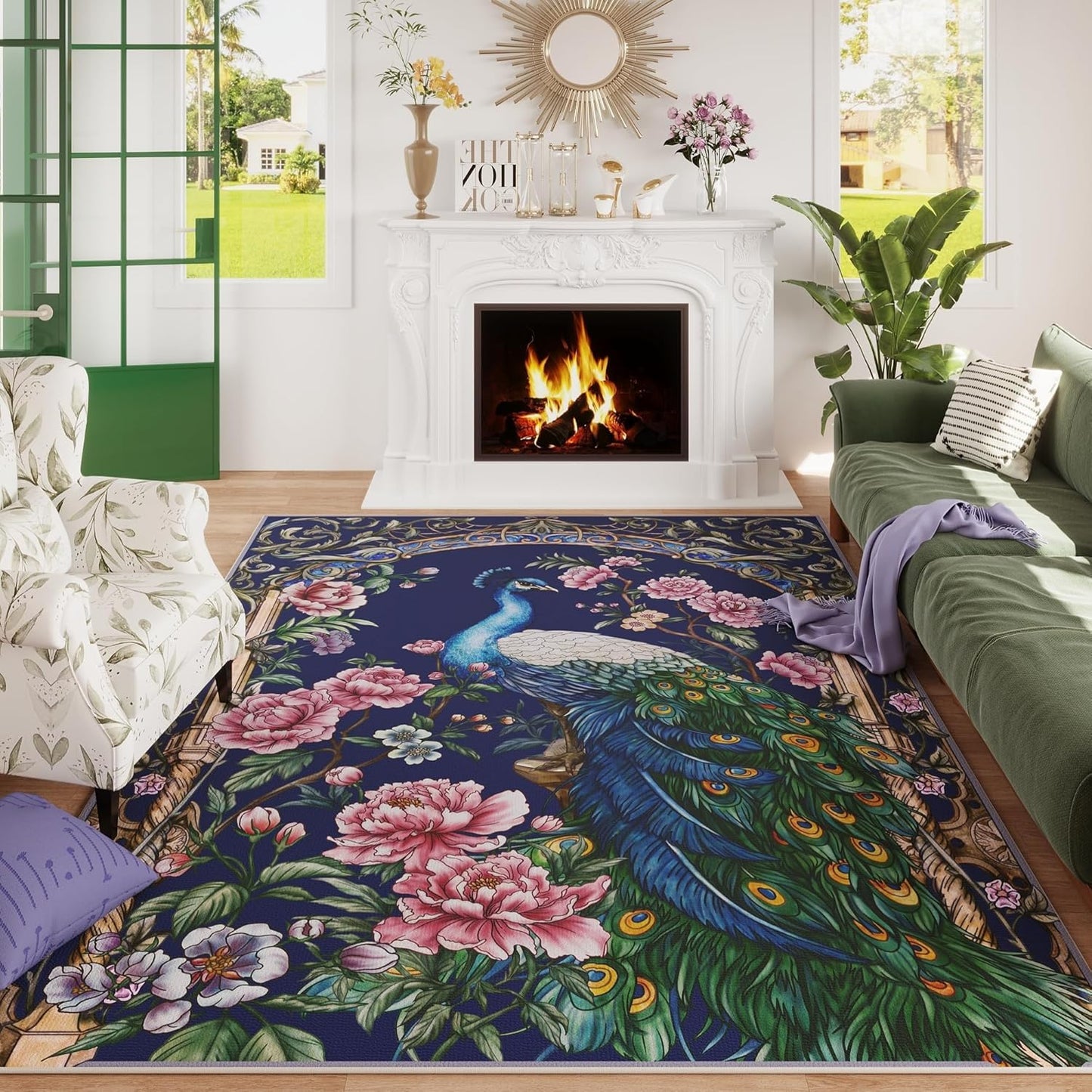 Vowkten Living Room Rug 5x7 Machine Washable Peacock Design