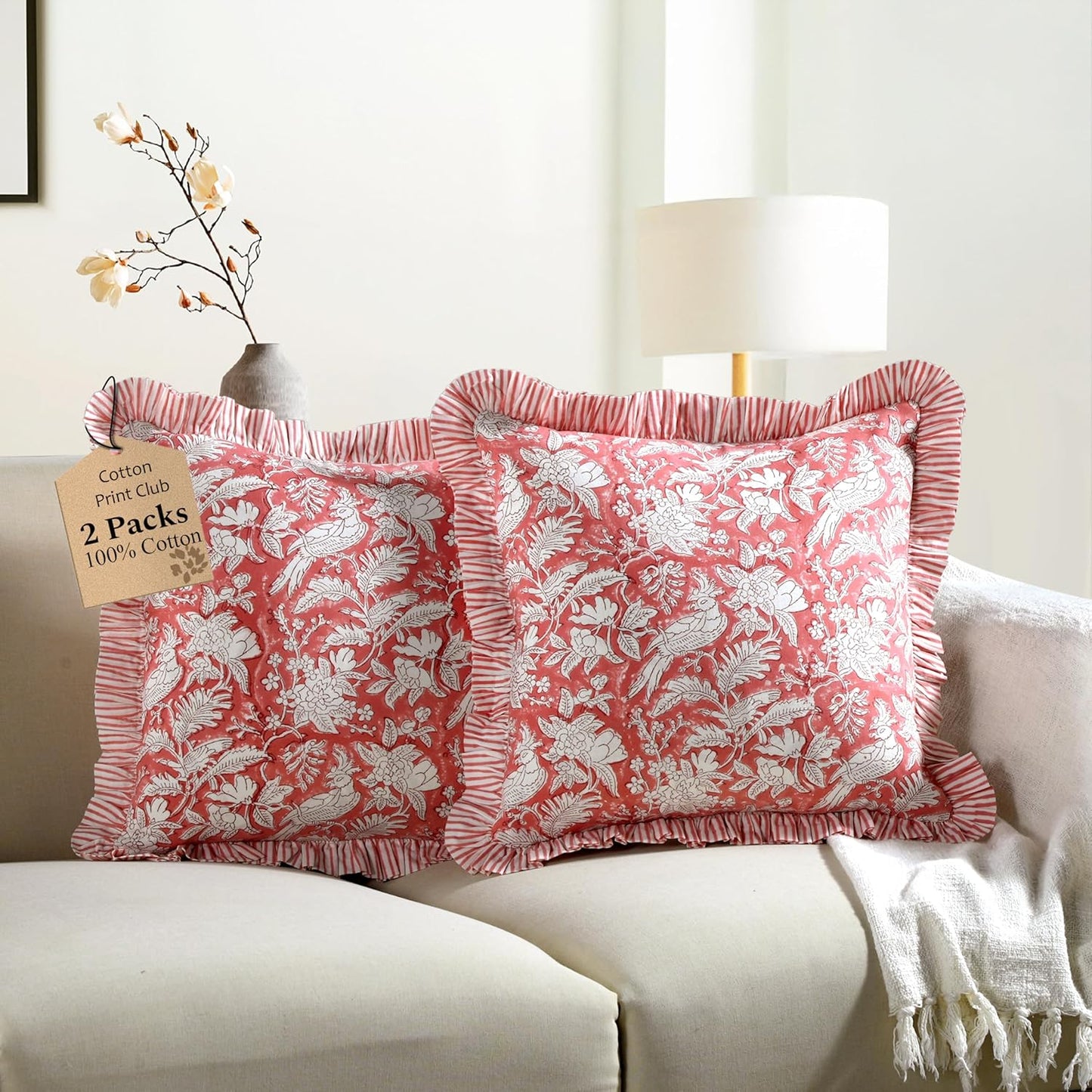 CPC Coral Pink 100% Cotton Block Print Ruffle Pillow Cover