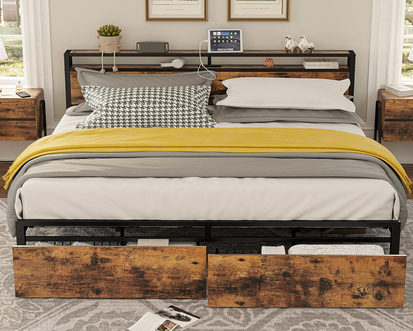 LIKIMIO King Bed Frame with Storage Headboard and Drawers
