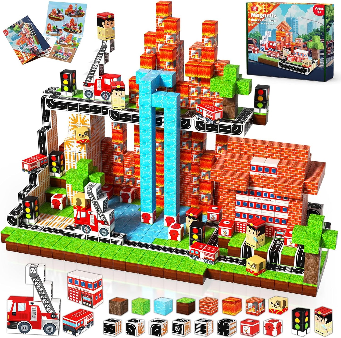 GoodyKing Magnetic Blocks 100PCS Fire Truck Building Toy Set