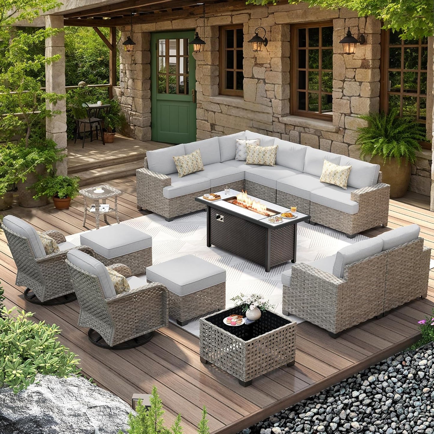 HOOOWOOO Outdoor Sectional Patio Furniture Set with Fire Pit