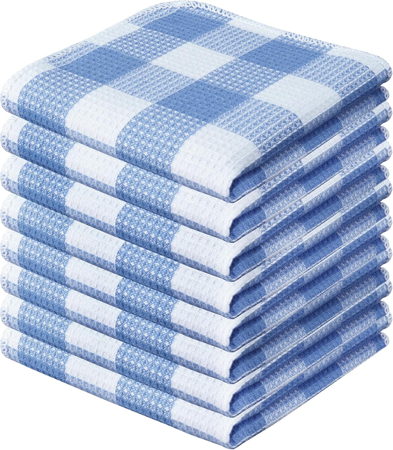 Ultra Absorbent Waffle Weave Dish Cloths - Set of 8 - Light Blue & White