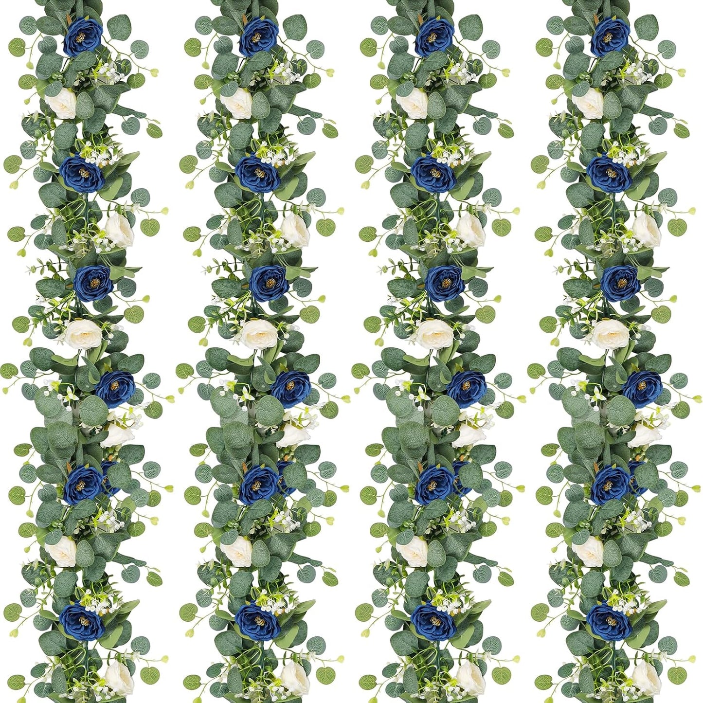 Artificial Eucalyptus Flower Garland with White and Blue Roses