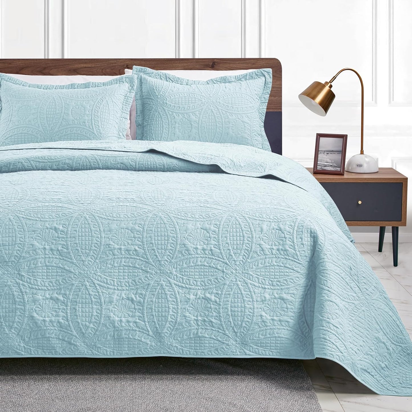 Love's cabin King Size Quilt Set Spa-Blue Lightweight Comforter